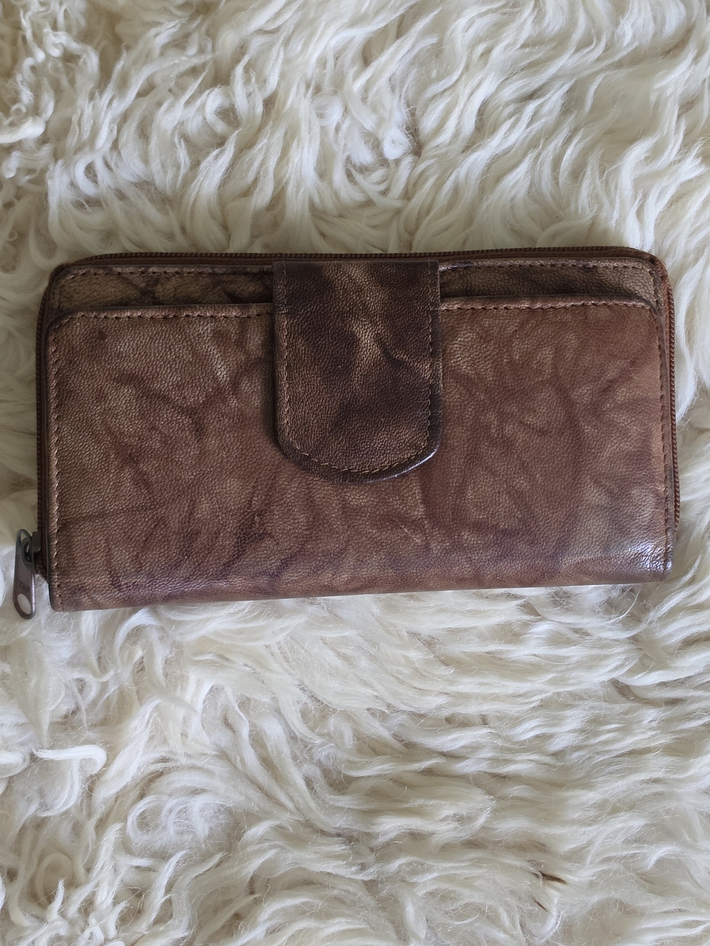 Women's Brown Zip-Around Leather Wallet with Tab Closure